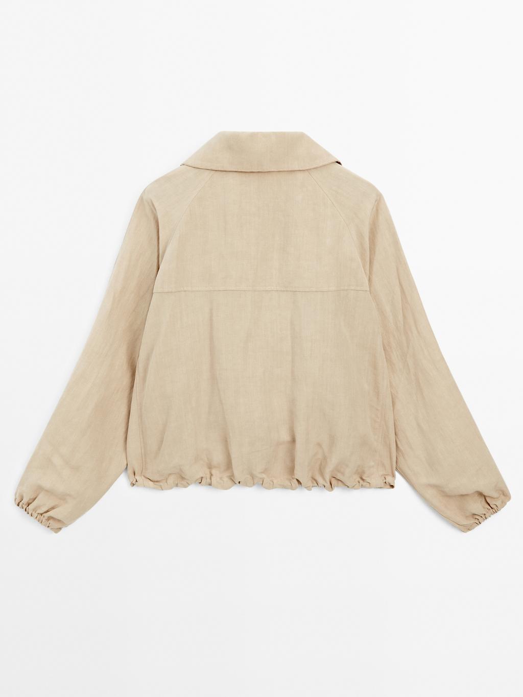 High neck linen blend bomber jacket