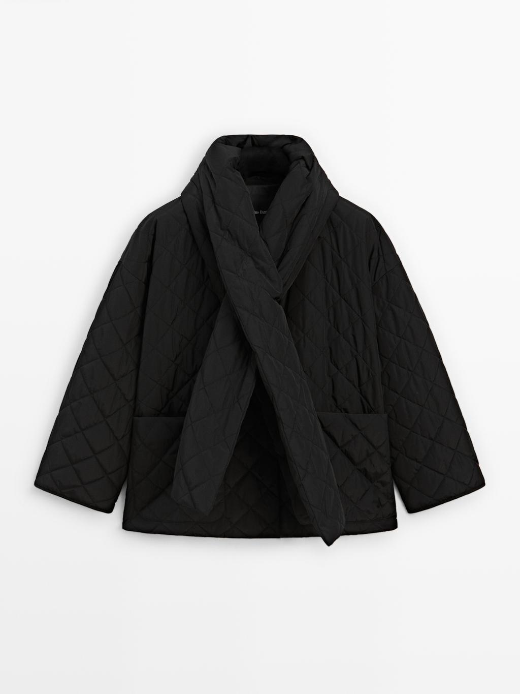 Water-repellent puffer jacket with scarf detail