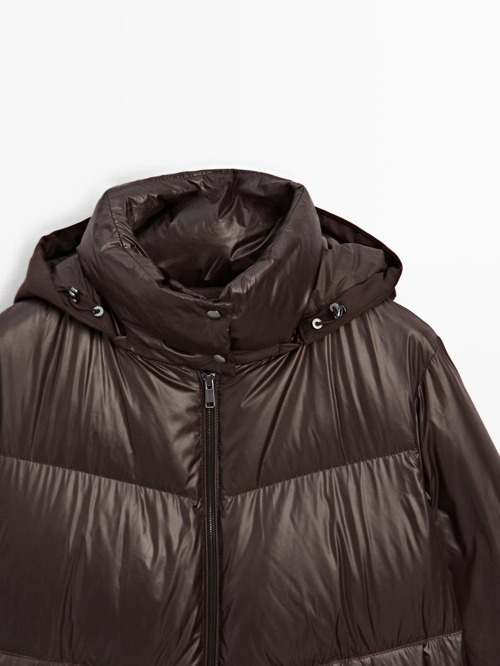 Water-repellent shiny down jacket with detachable hood