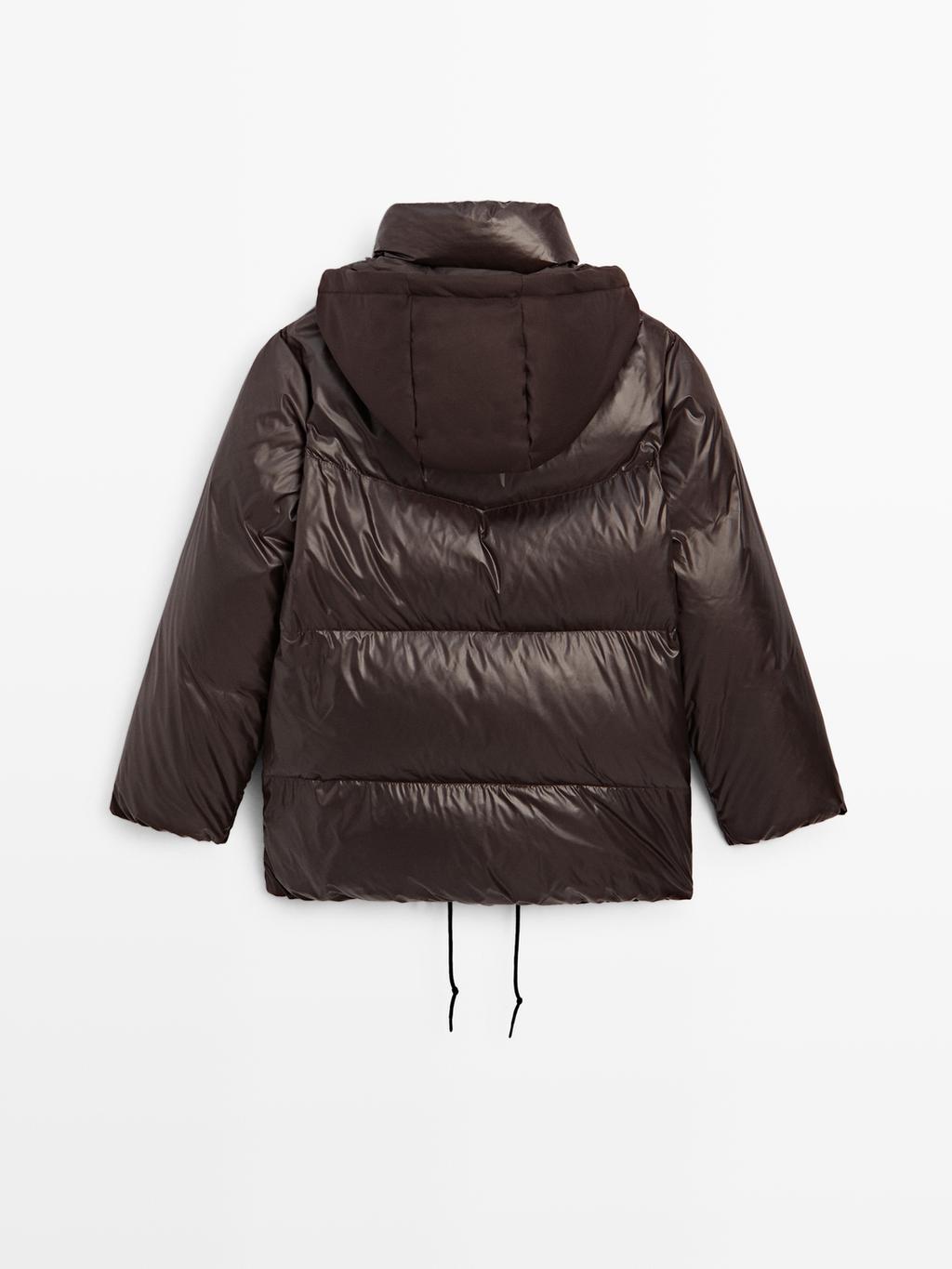 Water-repellent shiny down jacket with detachable hood