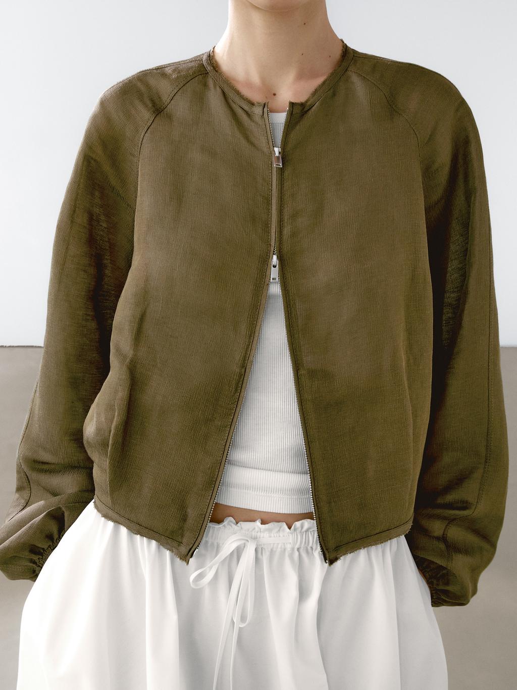 Frayed linen and silk bomber jacket