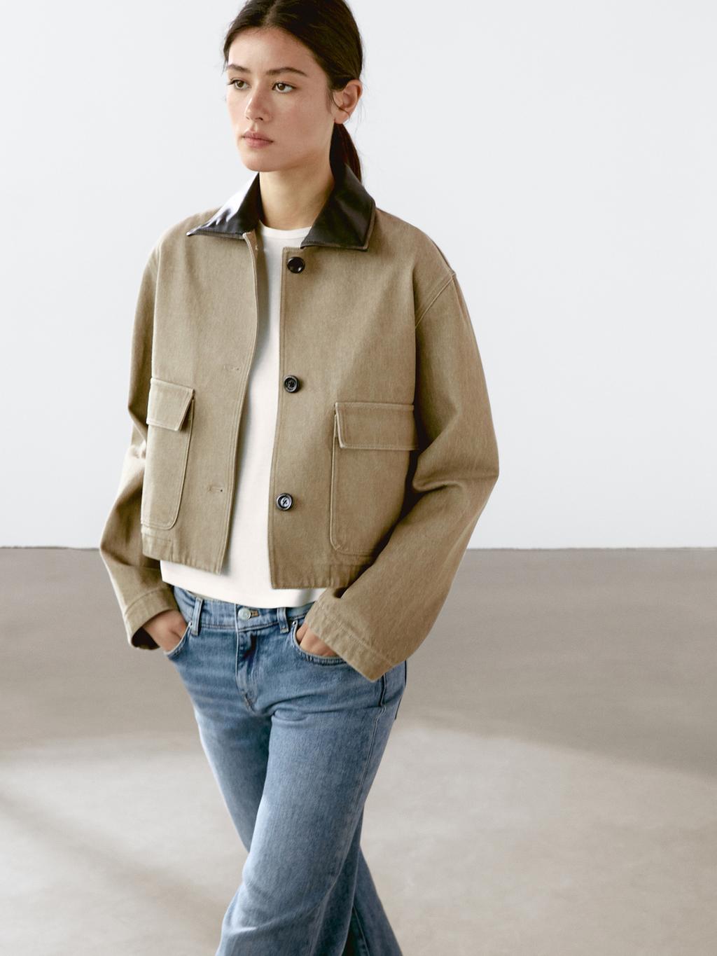 Jacket with detachable leather collar detail