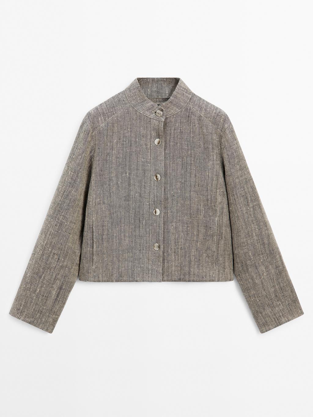 Short linen jacket with stand collar