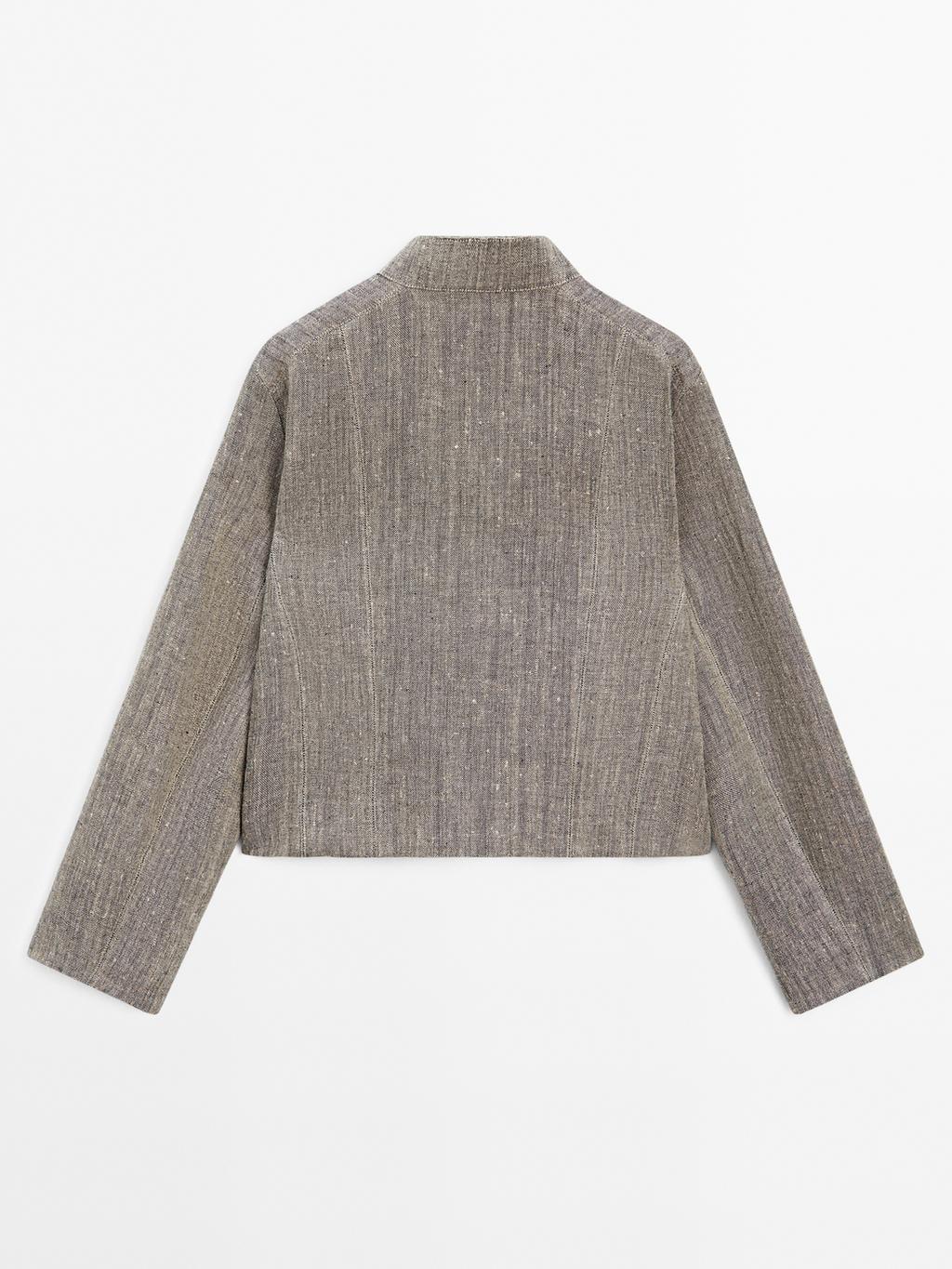 Short linen jacket with stand collar