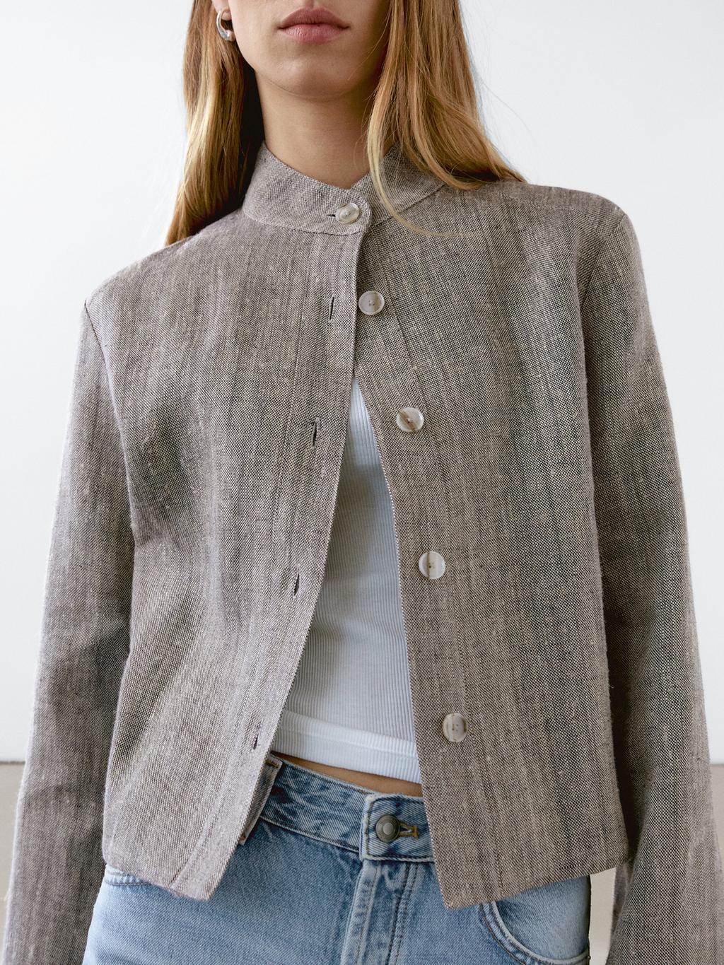 Short linen jacket with stand collar