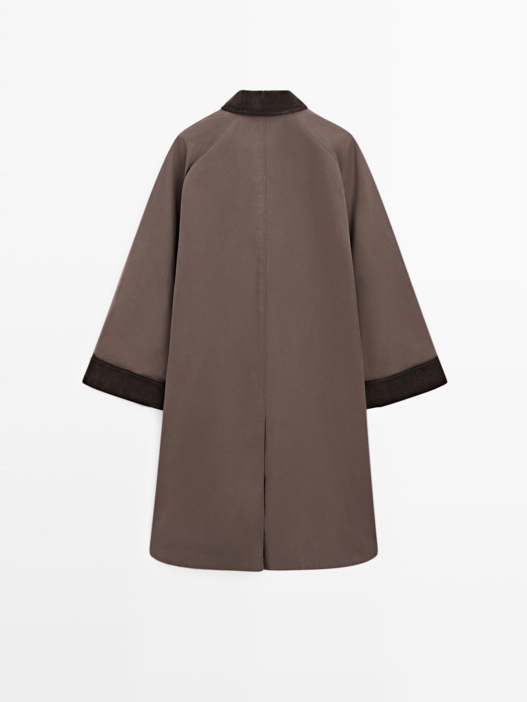 Long waxed parka with corduroy detail