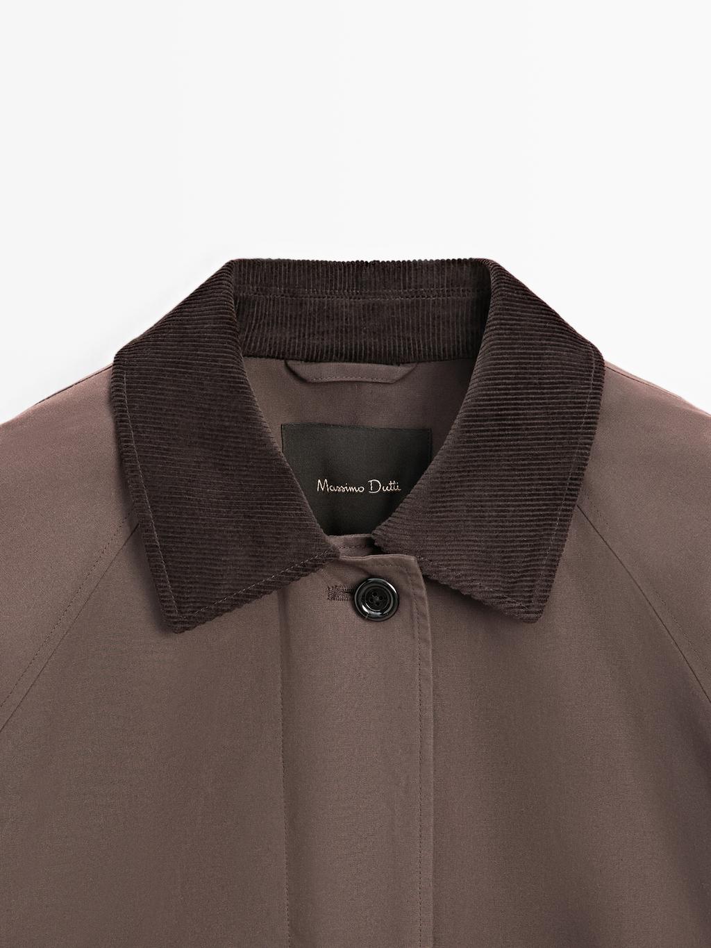 Long waxed parka with corduroy detail