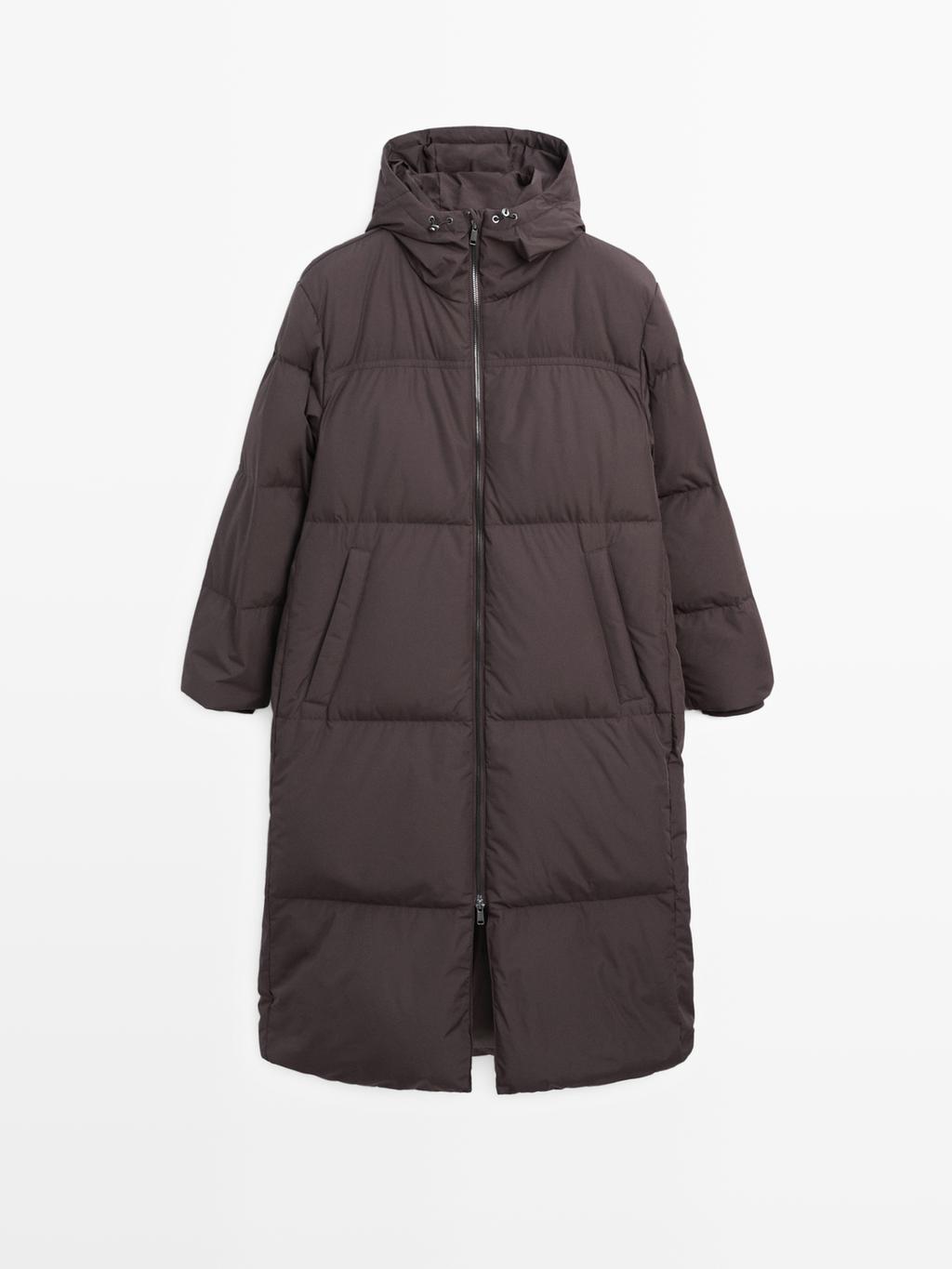 Long water-repellent puffer down jacket with hood