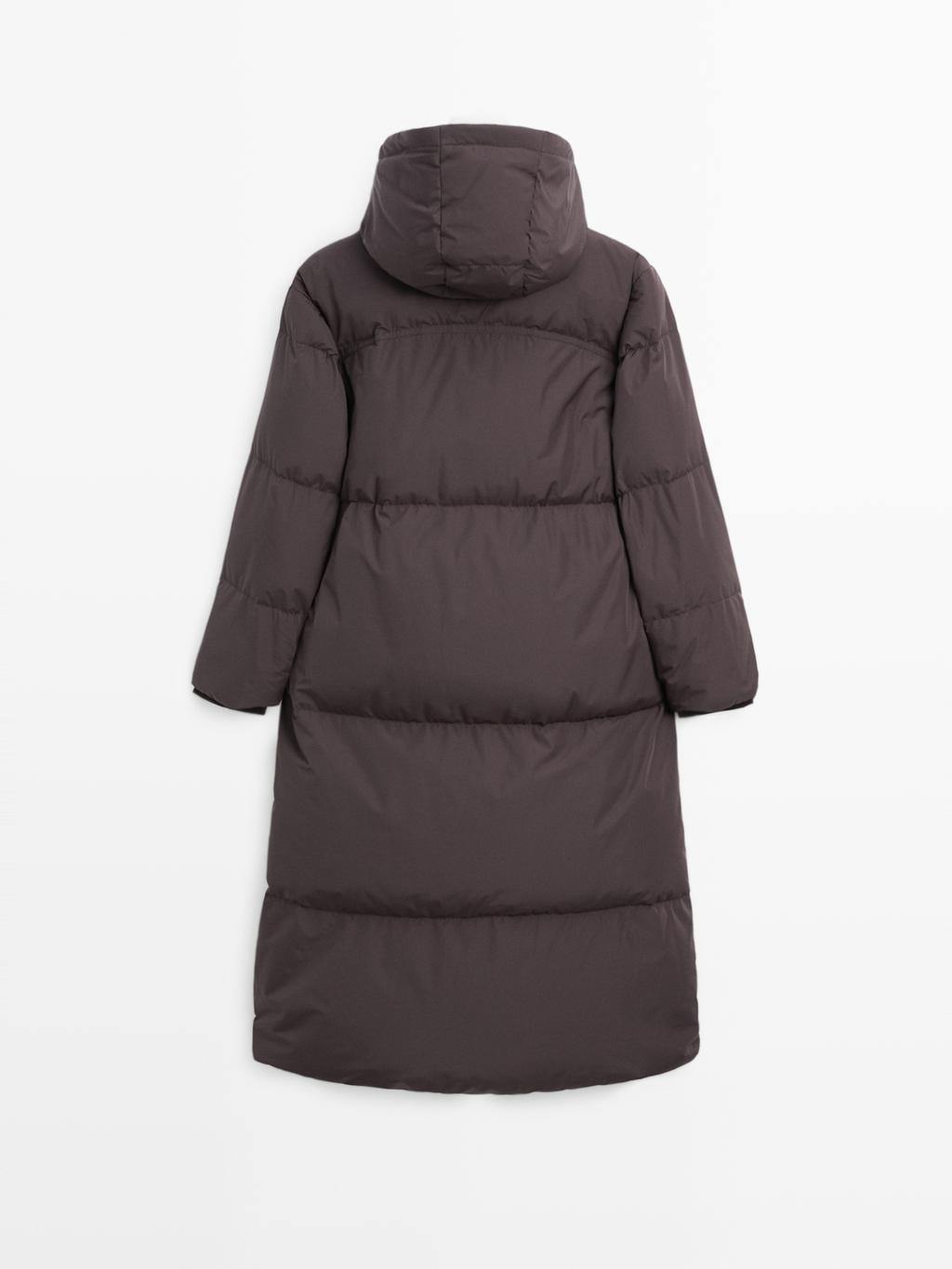Long water-repellent puffer down jacket with hood