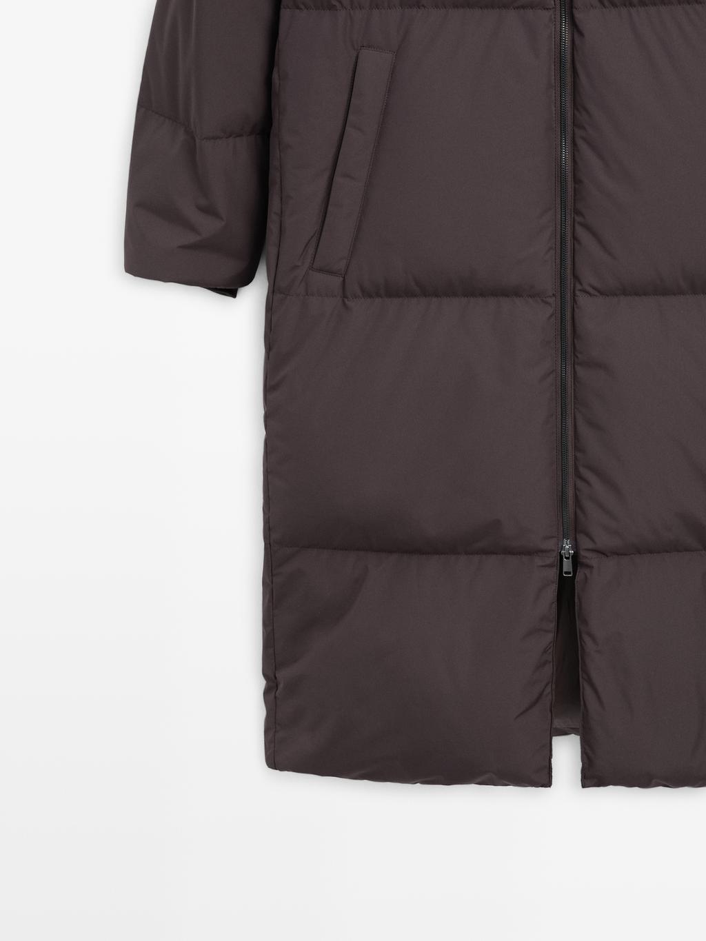 Long water-repellent puffer down jacket with hood
