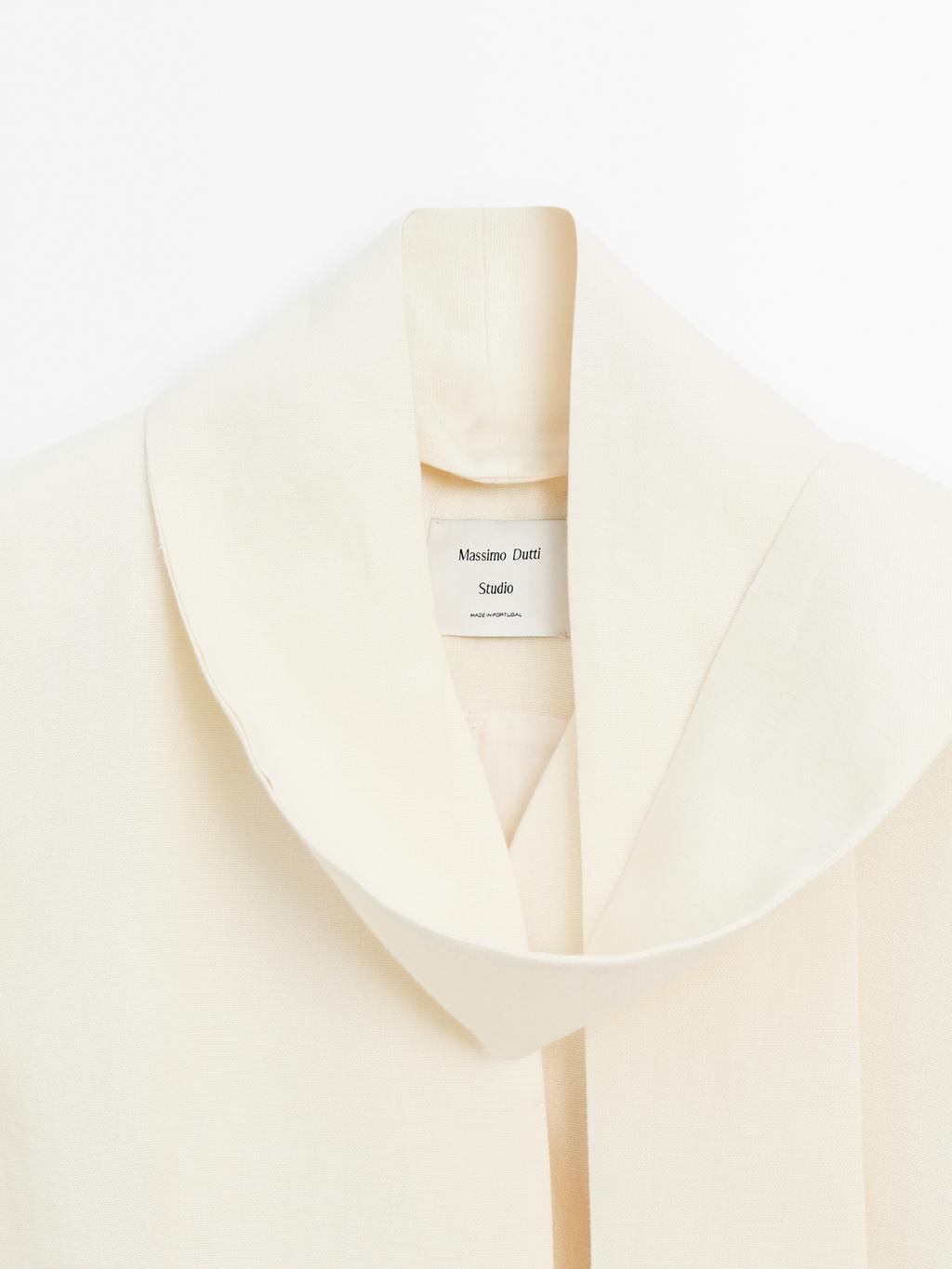 100% linen cropped blazer with scarf detail - STUDIO