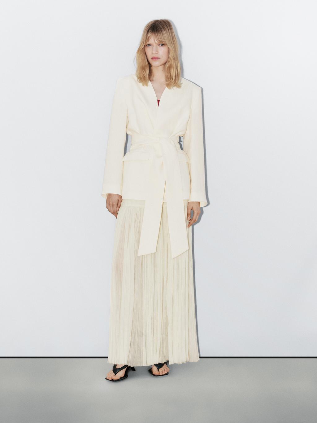 100% linen cropped blazer with scarf detail - STUDIO