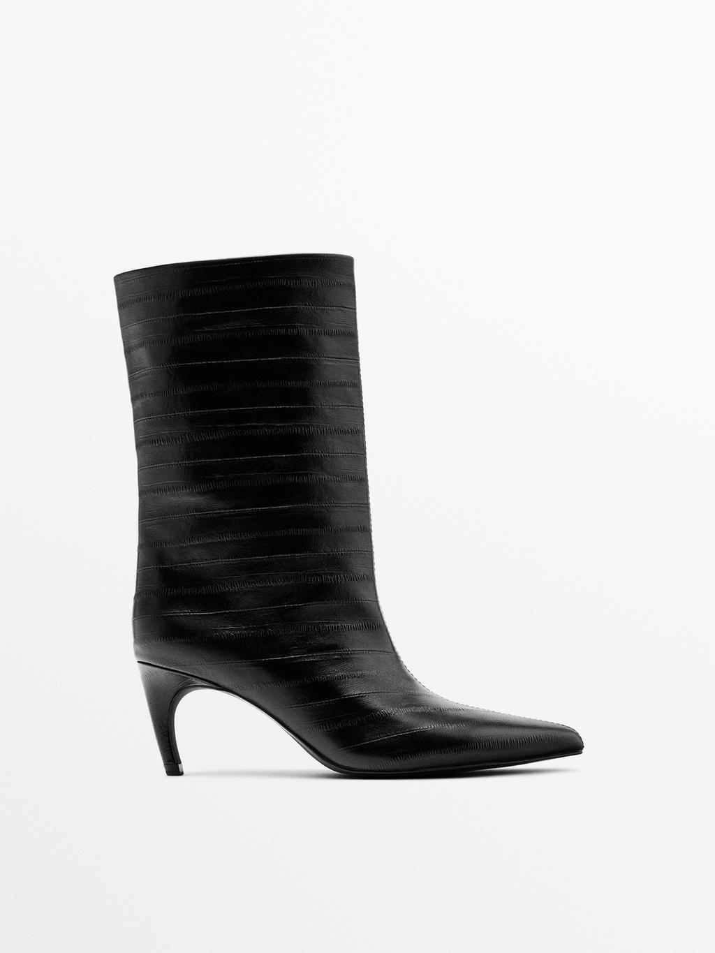 Embossed leather high-heel ankle boots