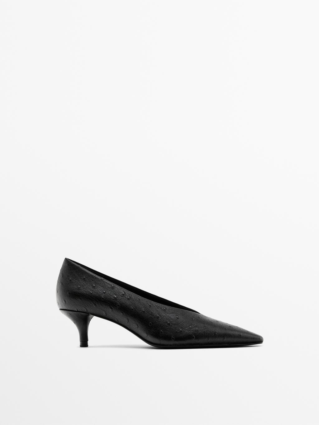 Ostrich print leather court shoes