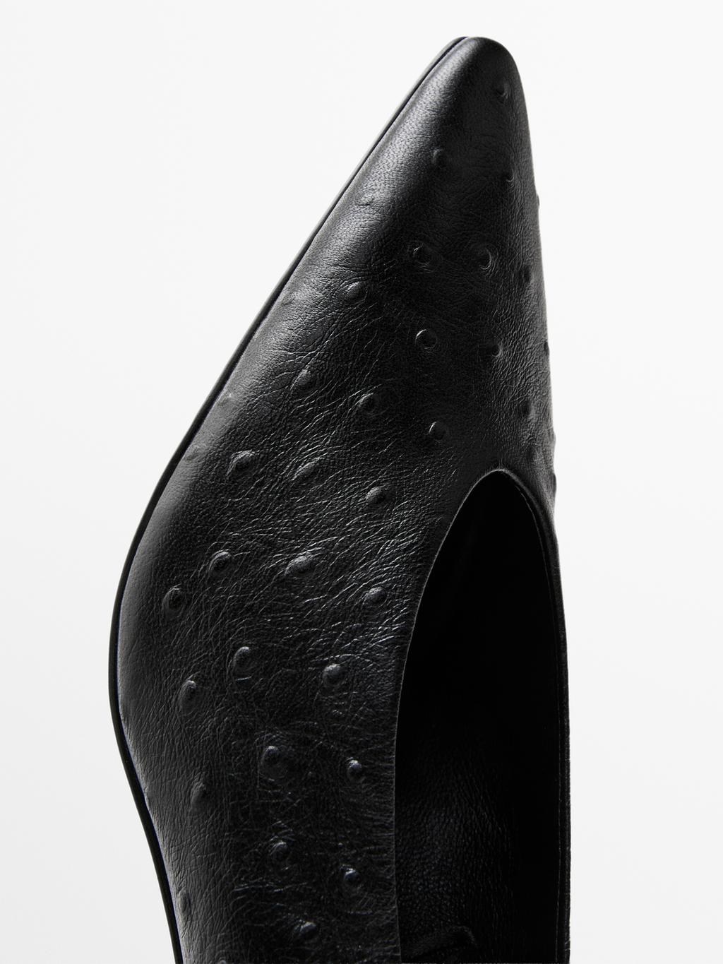 Ostrich print leather court shoes